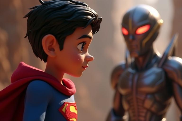 Close-up scene of a superhero character in a blue suit and red cape tears streaming down. Display emotion of remorse. Background features a futuristic character with metallic outfit and glowing eyes. Bright soft daylight enhances details.