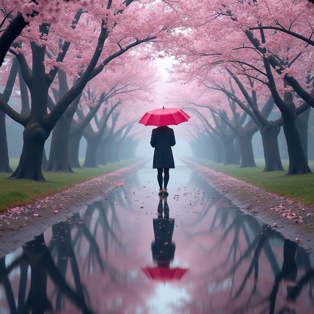 A person with a red umbrella walks along a path lined with cherry blossom trees, reflected in a puddle.