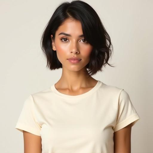 High resolution photorealistic portrait of a Latina woman with short hair styled in a sleek or softly textured cut. Wearing a plain cream-colored T-shirt. Image framed from head to just below the chest. Subject centered with no cropping at the edges. Full frontal view. No tattoos or visible markings. Neutral expression and natural skin texture with warm complexion. Features include full lips, prominent cheekbones, almond-shaped eyes, and slightly wider nose. Feminine oval face shape. Well-lit with soft lighting and simple solid background. Sharp details and realistic skin tones.