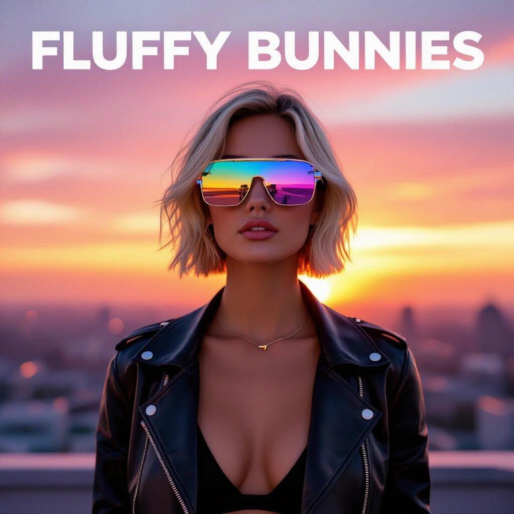 Album cover featuring a woman with short blonde hair in futuristic sunglasses. She wears a half open jacket. Background shows a colorful sunset. Image is designed for a music album titled 'Fluffy Bunnies'.