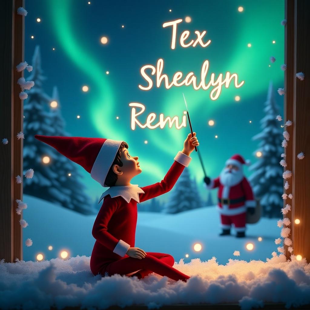 An enchanting Christmas scene with an elf on the shelf. The elf gazes upwards using a wand to write names in the night sky. Background features northern lights and Santa Claus. Snow covers the ground, creating a winter wonderland. Captures holiday joy and wonder.