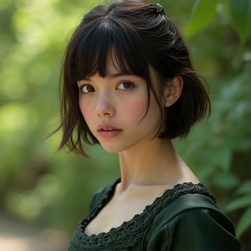 Young woman with short dark brown hair and bangs. Fair skin and dark eyes. Dark green medieval outfit with intricate detailing. Softly blurred natural setting with green foliage in daylight. Highly detailed photorealistic imagery.