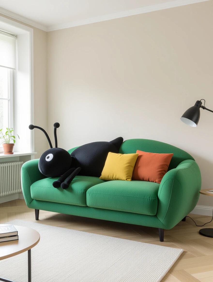 Sofa designed as an ant plush material placed in a modern living room setting with colorful cushions.