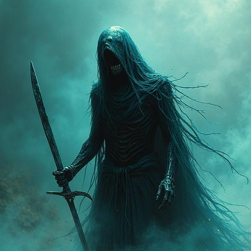 Screaming death figure in art style features Akura Jebia. Dominant colors are black, ice-white, and teal. The figure holds a sword and has a menacing presence with flowing hair.