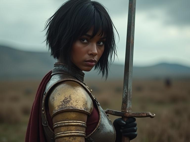 Hyper-realistic portrait of a dark-skinned female warrior in medieval armor. Worn bronze armor with feminine curves, open shoulders and midriff, short black hair, fierce expression, dramatic cloudy battlefield.