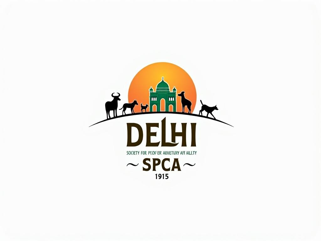 A logo featuring the silhouette of various animals like a cow, dog, goat, and cat with the iconic Delhi monument in the background, set against a sunset backdrop. The text reads 'Delhi SPCA 1915'.