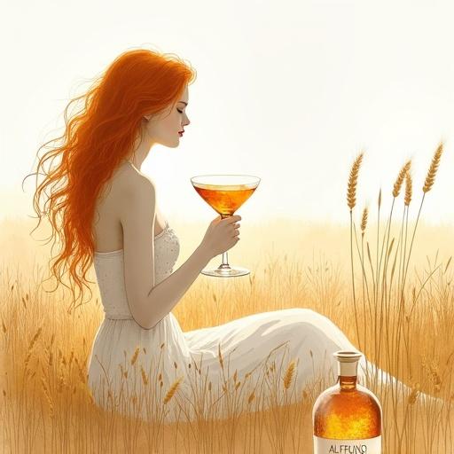 Minimalist ink and watercolor painting of a modern Ceres goddess in her mid-thirties. She has flowing golden-reddish hair and is seated in a barley field. Bathed in soft light, she holds a cocktail glass at chest level with shimmering lips. An apothecary bottle labeled 'ALFRUNO' is nearby, glowing gold. Inspired by traditional Japanese watercolor painting. Limited color palette of gold, white, and gray with reddish-gold for the elixir.