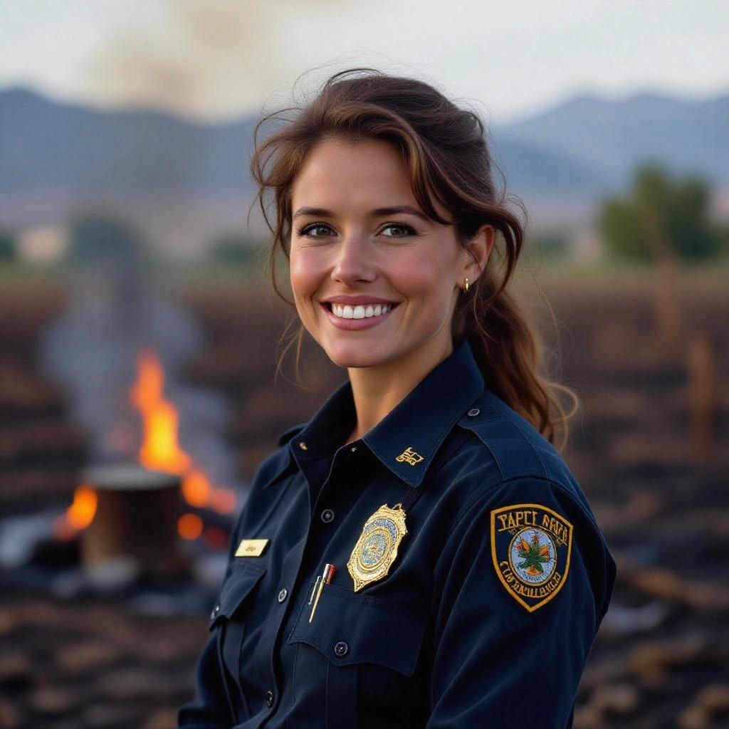 A mid-quality photograph of a young female law enforcement agent. She wears a navy blue uniform and is posing near a burnt cannabis farm. The setting includes fire in the distance, with a cheerful smile. The style resembles candid photography. Inspired by the 1992 era.