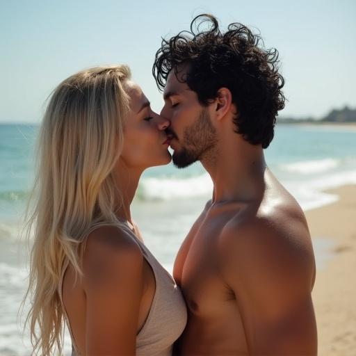 A blonde girl and a man with black hair are kissing on the beach. The scene is set against a clear sky and ocean waves. The girl is topless, creating a romantic atmosphere.