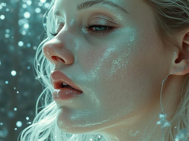 3D ultrarealistic female character with glass and crystal elements. She has a glossy appearance and is captured in a close-up profile. The scene includes shimmering and reflective aspects.