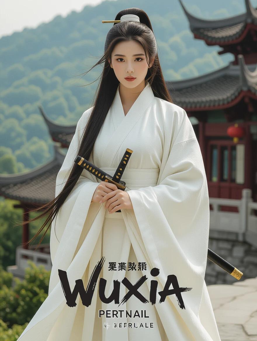 Woman dressed in traditional white clothing holds a sword. Full body shot showcasing elegant attire against a backdrop of traditional architecture. Cinematic theme evokes the essence of a Wuxia action movie. Suitable for promotional materials and posters.