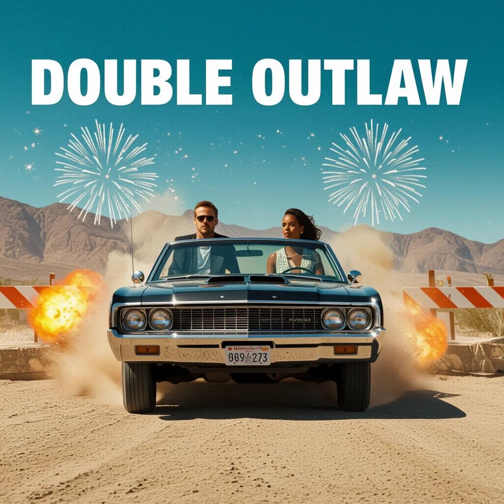 Title is DOUBLE OUTLAW in bold letters. Car driving through barricades in a desert setting. Celebratory fireworks in the background.