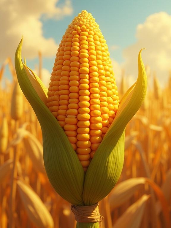 Close-up view of an anthropomorphic corn character. The corn is golden, with a reel style and painterly finish. Set in a vibrant cornfield under a bright sky. The character shows hero-like traits with its detail and color.