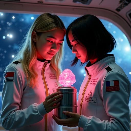 Two young women in space uniforms observe a glowing ruby in a metallic container. One woman has blonde hair and a Singaporean flag on her shoulder. The other has a black bob and a French flag on her shoulder. They are inside a space shuttle with stars and nebulas visible in the background.