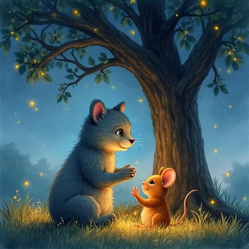 Watercolor illustration under an old oak tree at twilight. Grey cat cub and mouse sitting close, holding paws. Fireflies surround them, stars beginning to appear in the sky.