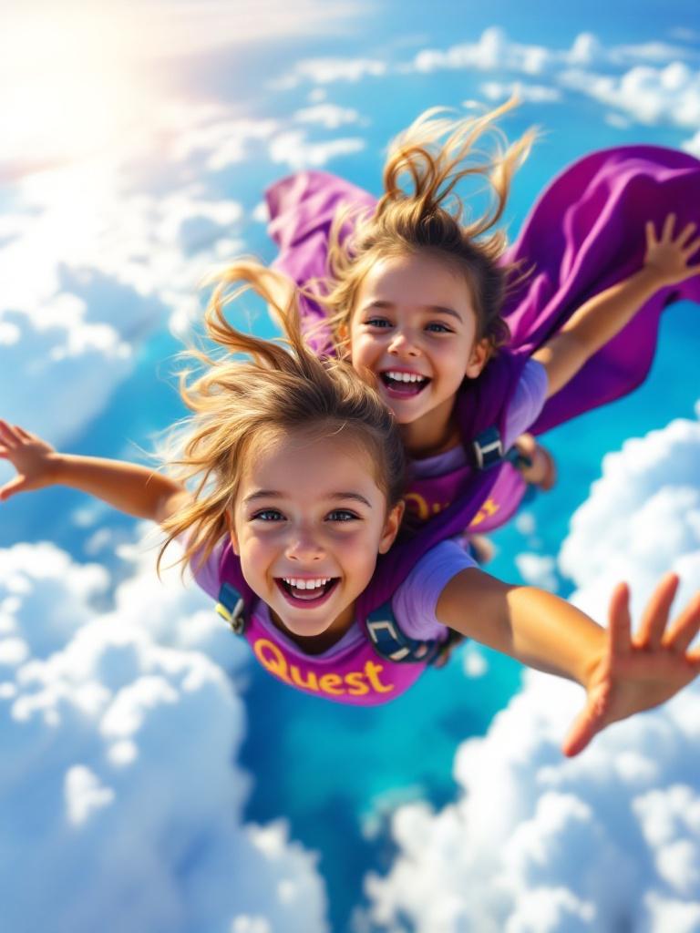 Scene of toddlers soaring through the sky above the Caribbean Sea. They wear purple capes and bright shirts with Quest. Smiles show excitement. Warm sunlight enhances the day.