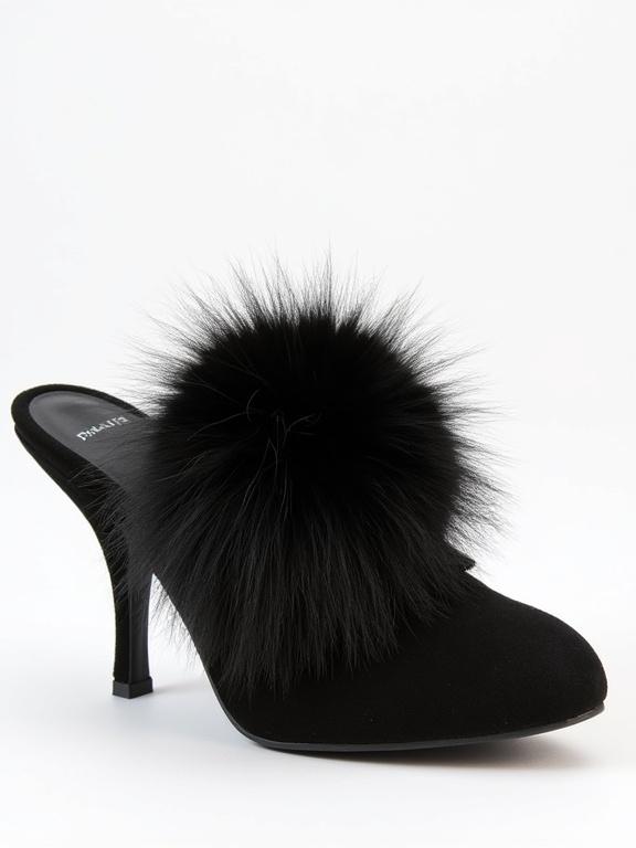 A single high-heeled mule-style slipper featuring a prominent black fur pom-pom on the toe area. The shoe is black with a distinctive design due to the large fur element.