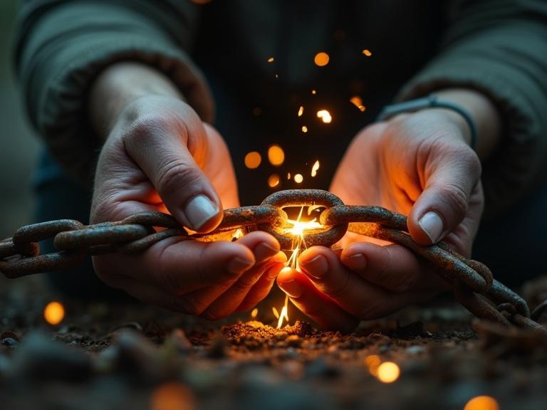 A person breaks a rusty iron chain with bare hands. Hands glow with energy. Broken links fall and fade. Symbolizes breaking free from resentment. Hyper-realistic cinematic art.
