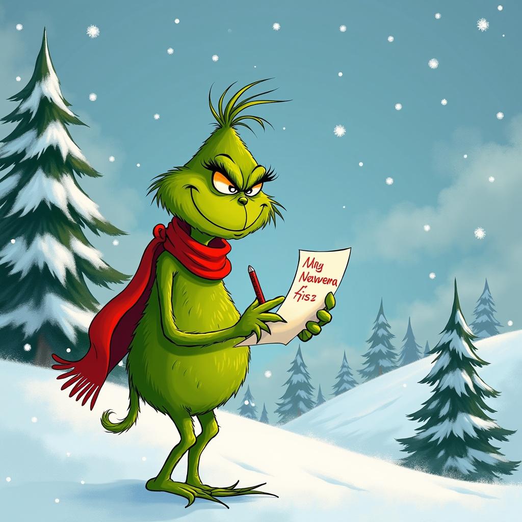 Grinch stands in snow writing a note. Snowy hills surround him with evergreen trees. Character is green with red scarf and mischievous expression. Note contains names Vincent Tesla Ember Mom Dad.