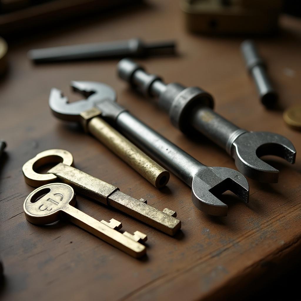 Tools scattered across a wooden workbench. A shiny golden key placed beside various metallic tools. The composition embodies themes of effort and unlocked opportunity.