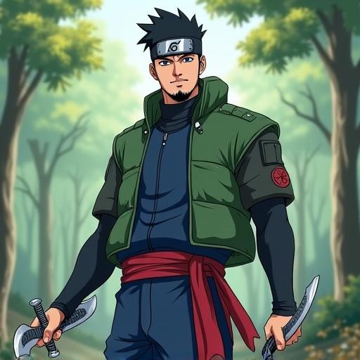 Anime styled character, full body image of a tall muscular ninja man in a forest, wearing a green flak jacket, blue outfit, red sash, holding trench knives, confident expression, soft lighting, detailed lineart.