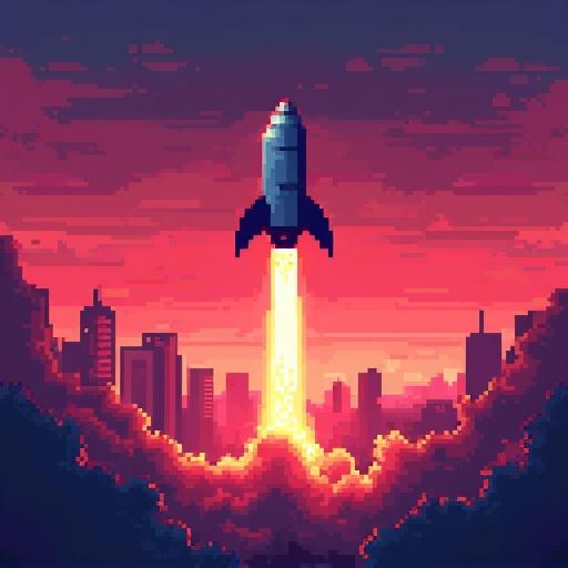 Pixelated rocket lifting off above retro city at dusk. Digital illustration in 16-bit pixel art style. High resolution with glowing smoke trails and pixelated sky in vibrant reds and purples.