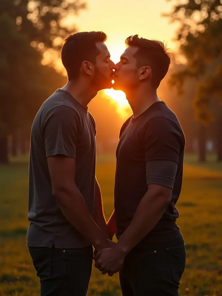 Two men are holding hands in a park. They face each other. A sunset creates a warm glow around them. There is a soft focus on their features. Warm light envelops the scene. The park has trees and soft grass.