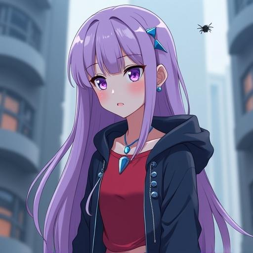 Anime character with long pastel violet hair and bright purple eyes. Wearing a red shirt under a dark hoodie. A futuristic strap is worn over her shoulder. Decorated with shiny blue neckpiece. Small spider present in the scene. Standing in an unfamiliar environment with a curious expression.