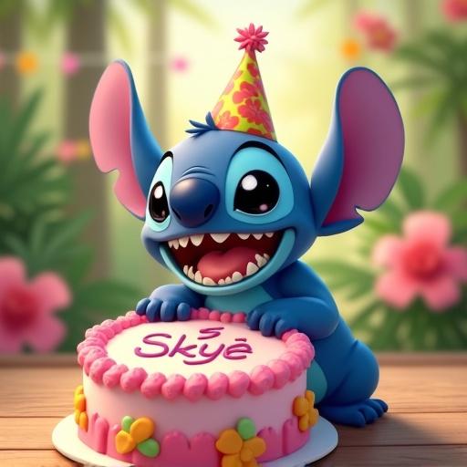 Stitch character is smiling next to a birthday cake. Cake is for 5 years old. Name Skye is written on it. Background is tropical with flowers and a party mood.