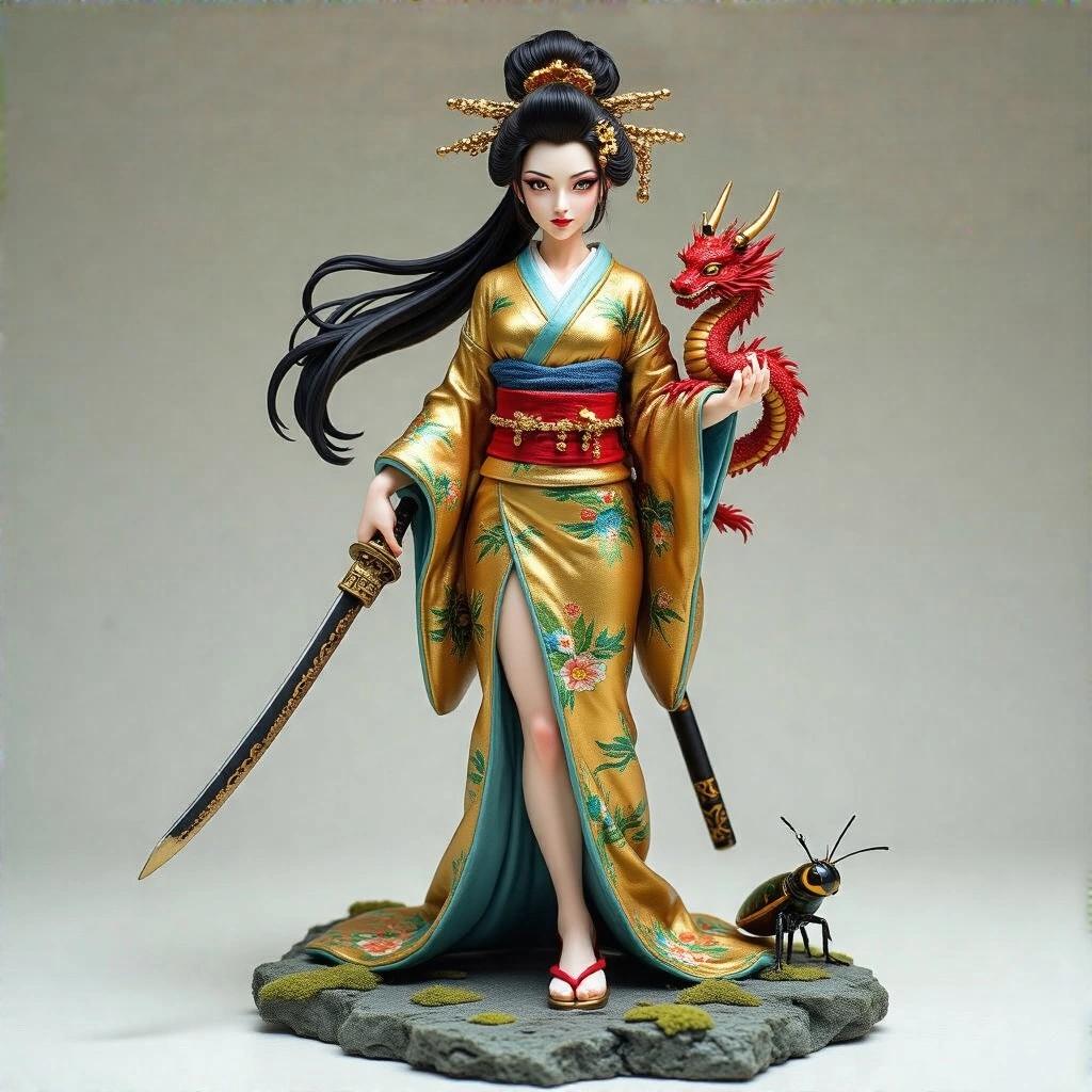 Resin figure of a graceful Asian woman inspired by Mula. Traditional kimono with gold, blue, and green colors. Her hair in a high bun adorned with gold accents. She holds a red dragon on her shoulder and has a sword in one hand and a cricket in the other. Powerful pose with determination. Set on a rock base with a neutral background. Detailed sculpture for collectors.