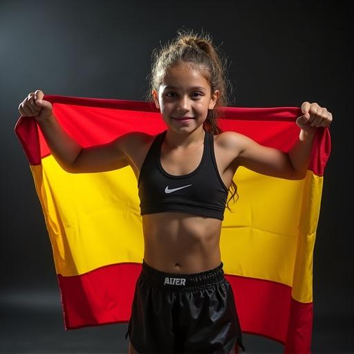 Thirteen year old athlete demonstrates pride by holding Spanish flag. Strong posture showcases determination. Athletic wear emphasizes fitness and commitment. Background highlights colors of the Spanish flag. Perfect lighting captures the moment of strength and pride.