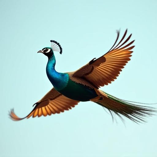 A peacock flying with wings spread wide against a light blue sky. The peacock's body is golden-brown and green with iridescent feathers. The neck is turquoise blue transitioning to emerald green, with hints of coppery-orange in the tail feathers. The wings are dark brown with gold and orange tones, displaying elegance and motion. The background is soft and serene, emphasizing the bird's majestic flight.
