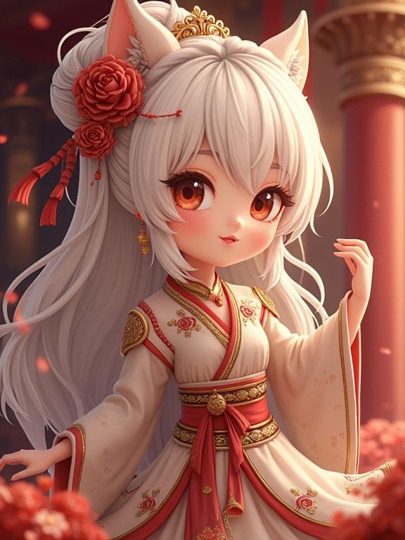 A cute anime character with fox-like ears wearing traditional clothing. The character has long white hair and bright eyes. The background suggests an enchanting atmosphere.