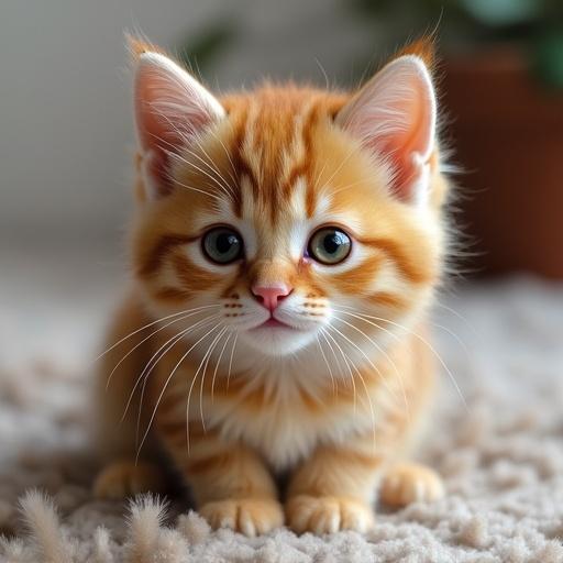A beautiful kitten with orange fur and big green eyes. The kitten has prominent stripes and is sitting on a soft surface. Background is softly blurred with hints of greenery for a pleasant setting.