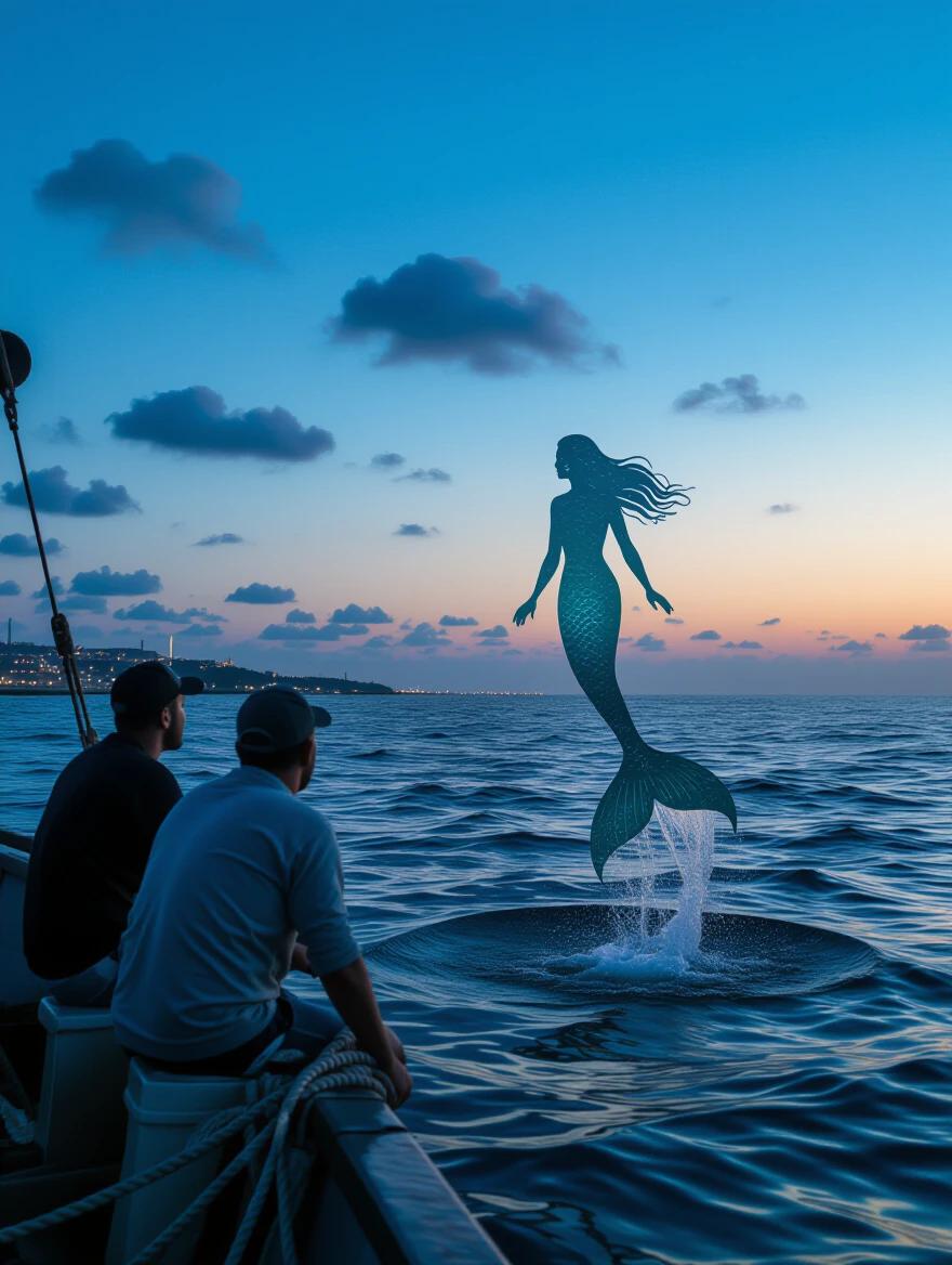 Fishermen observe mermaid-like figure in dusk sea at Israeli coast. The female figure has a fish tail. Scene captured in documentary style. Dark blue tones dominate the setting.
