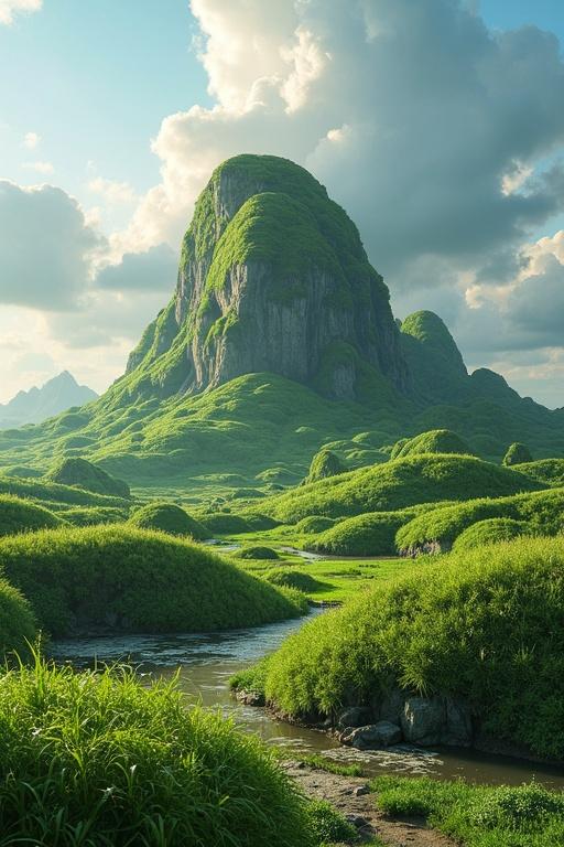 Mountain surrounded by lush green hills and a gentle stream. Soft sunlight shining on grass. Clouds in the sky create a peaceful atmosphere. Ideal for 3D animation backdrop.
