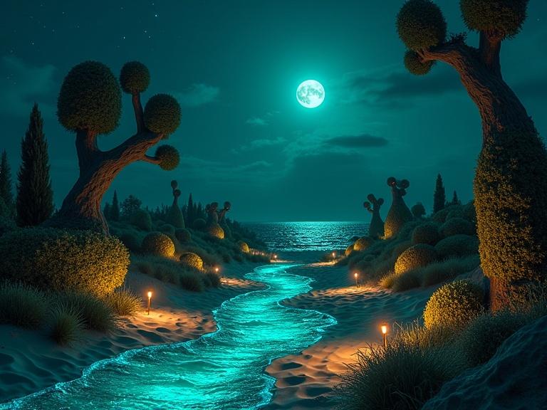 Caspian beach at midnight with bioluminescent sandcastles sculpted into Naqsh-e Jahan Square. Crumbling Persian garden with eerie twisted topiaries and poisonous blooms. Abandoned relics with a water channel spilling ink-black liquid. A glowing moon casts double shadows.