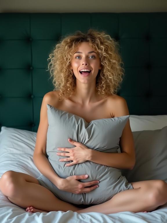 Candid photograph of a nude woman with curly blonde hair sitting cross-legged on a bed. She hugs a gray pillow close to her chest and looks shocked at the camera. The background has a dark green velvet headboard. Soft, diffused lighting highlights her face and hair.