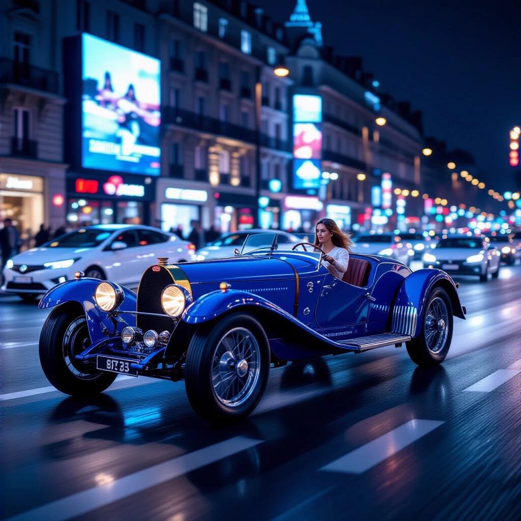 Photorealistic night urban scene in Paris featuring a beautiful female driver with a huge vibrant blue Bugatti T35. The car is in motion, showcasing sharp details including hand-riveted body and chrome wheels. The background consists of self-driving pods and holographic advertisements reflected on wet asphalt. Captured in a dynamic perspective with a focus on the driver and car. Shot during the golden hour with dramatic lighting.