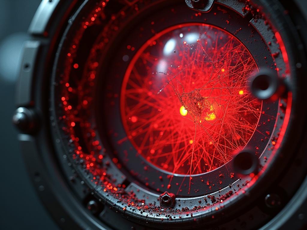 Hyper-realistic close-up image of a space probe lens. Lens is metal and reinforced glass with corrosion from unknown acid. Surface has radioactive spider-web-like cracks and electric flashes. Red sensor alarm light reflects on the damaged lens. Background displays static interference like old CRT screens. Overall tense sci-fi disaster atmosphere.