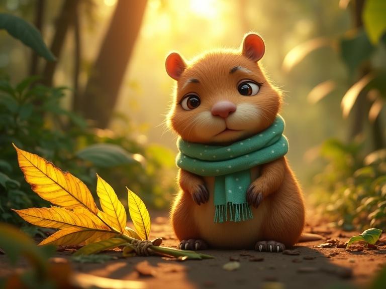 Small capybara with golden-brown fur wears teal scarf sits sadly on jungle floor. Large handmade wings from banana leaves lie beside her. Warm sunset light filters through trees. Scene captures disappointment and innocence.