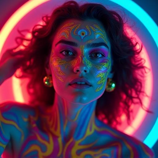 A woman with vibrant body paint dances energetically on a club stage. She has rainbow-colored hair and wears headphones while using a DJ mixer. Neon lights illuminate her playful atmosphere. Her expression reflects joy and energy. The scene captures a modern, lively vibe.