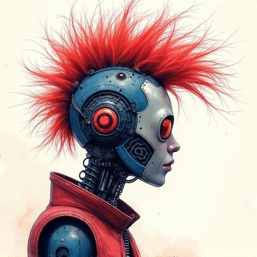 Create an album cover featuring a robot punk characterized by a spiky mohawk. Incorporate watercolor textures in the design.