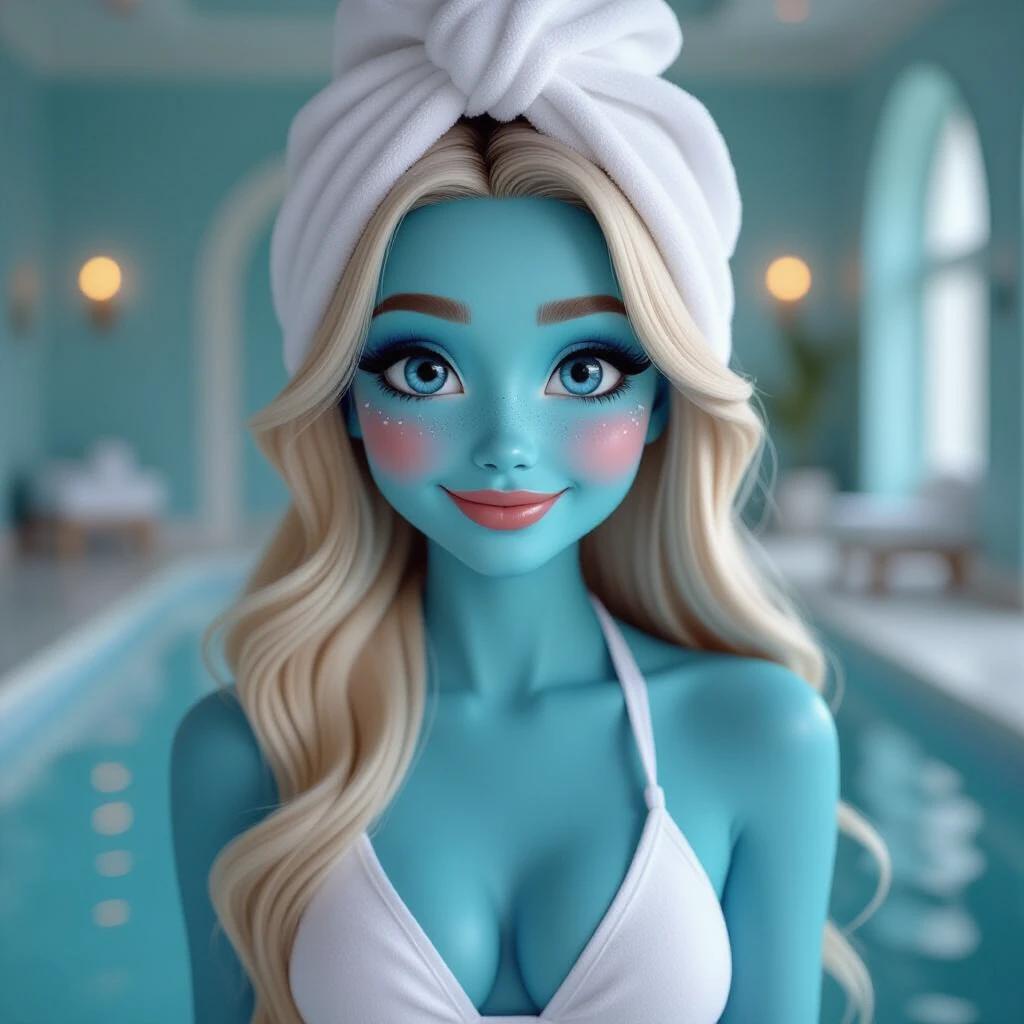 Character with striking blue hue skin features large expressive eyes playful smile. Long flowing blonde hair cascades around her shoulders. A white towel wrapped atop her head suggests casual relaxed atmosphere. Clad in a white bikini top with delicate embellishments. Indoor setting hints at spa or pool area. Soft diffused lighting enhances cheerful mood. Blend of fantasy and fashion invites fun confidence.