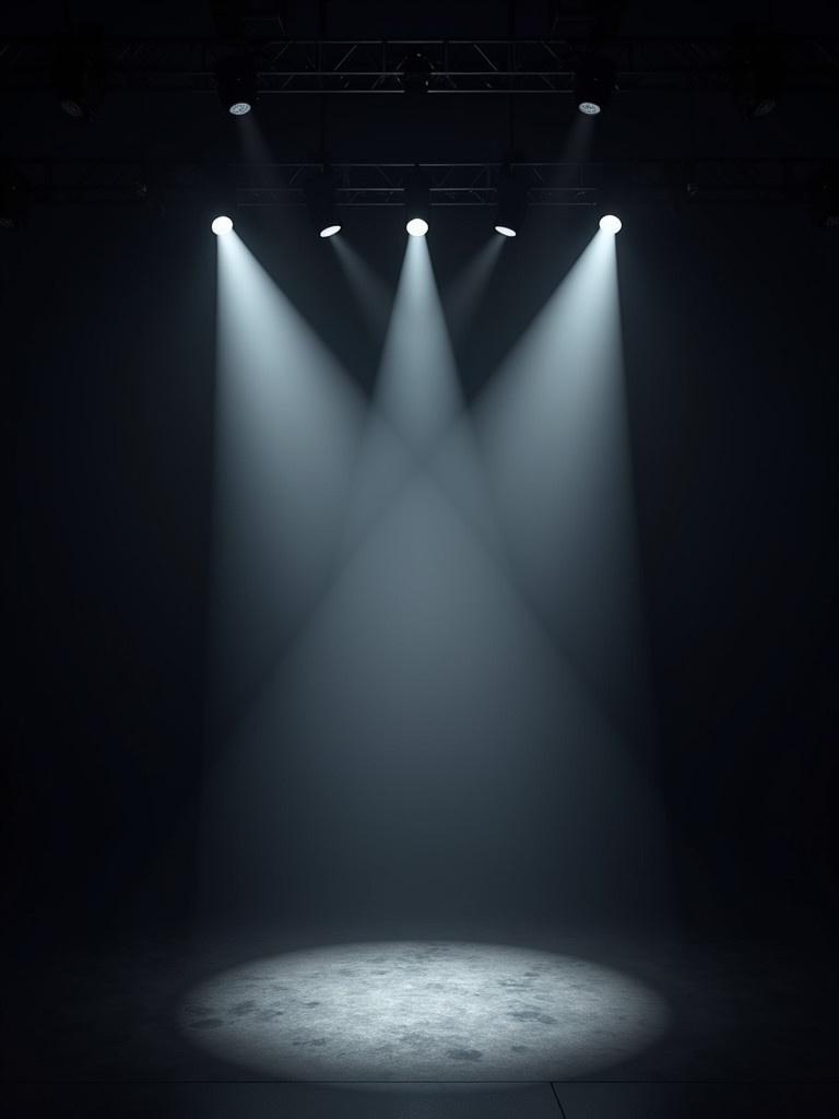 Dark empty concert stage with illumination in center featuring bright spotlight spots