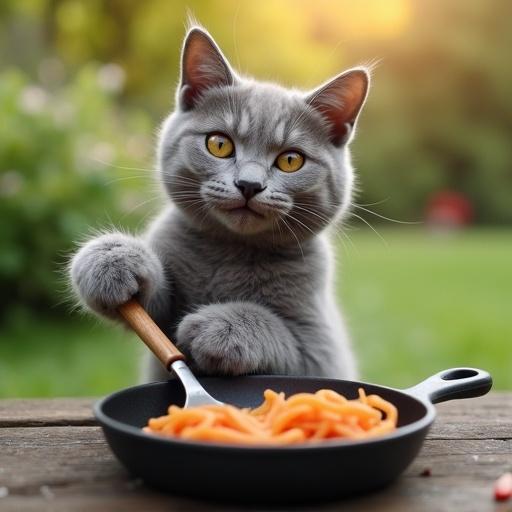 Cheerful gray-furred cat cooking in a frying pan. Set outdoors in a garden scene. Happy expression on the cat. Cat stands on hind legs using a cooking utensil. Background features lush greenery. Peaceful outdoor setting.
