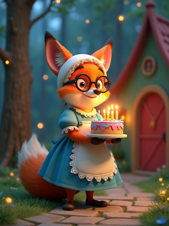 Whimsical 3D cartoon illustration. A sly fox disguised as a sweet grandmother. Standing at the door of a fairytale cottage. Fox wears frumpy blue dress with white apron. Oversized round glasses. Lacy bonnet concealing orange ears. Holds colorful birthday cake with glowing candles. Exaggerated innocent smile. Bushy tail peeks from under dress. Enchanted forest with glowing fireflies. Cobblestone path leads to candy-colored cottage with red door. Mysterious shadows in background. Render in Pixar-style. Soft lighting, rich textures, playful balance between charming and mischievous atmosphere.