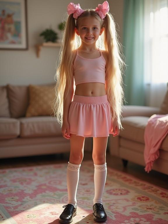 A young girl stands in a soft-lit living room. She has long blonde twin tails. Wearing a cropped top and a mini-skirt. The outfit is pale pink. Thigh-high socks have lace details. Simple black shoes complete her look. The setting includes a colorful rug and a cozy couch.