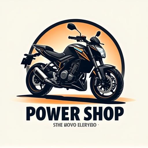 Logo design for PowerShop. Store sells electric motorcycles and home appliances. Features circular emblem and stylized motorcycle illustration. Incorporate Cuban flag elements.