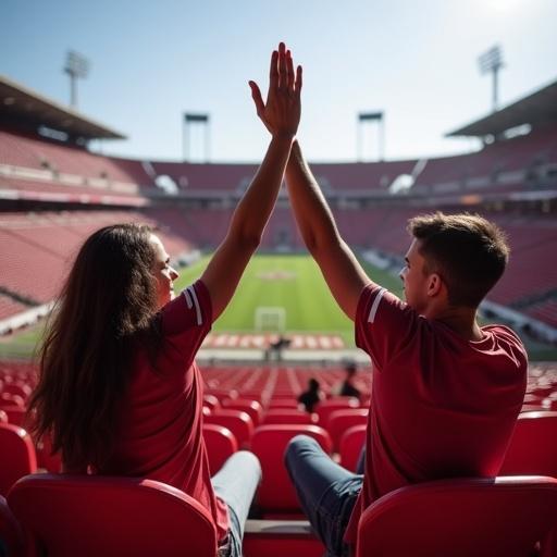 Two friends celebrate in a football stadium. They are seated in the front row. Their arms are raised as they high-five. The stadium is full with red seating. Daylight brightens the scene. It shows team spirit and camaraderie.